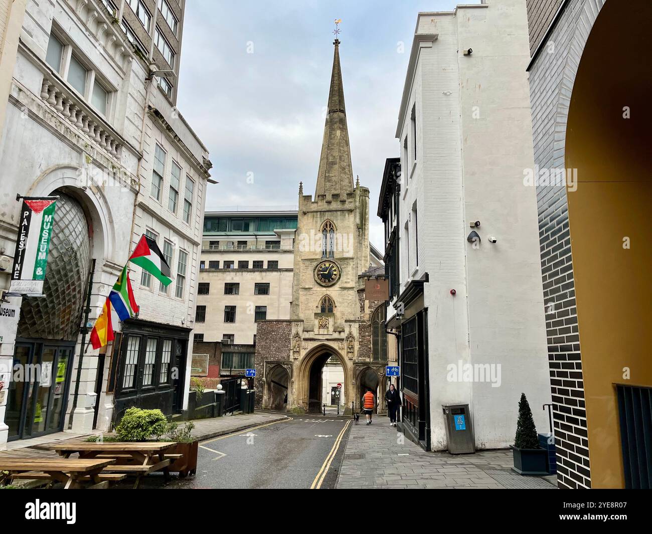 Looking down Broad Street towards St John the Baptist Church and the Medieval Archway. Bristol, England, United Kingdom. 29th October 2024. - Smartphone Captured Stock Image