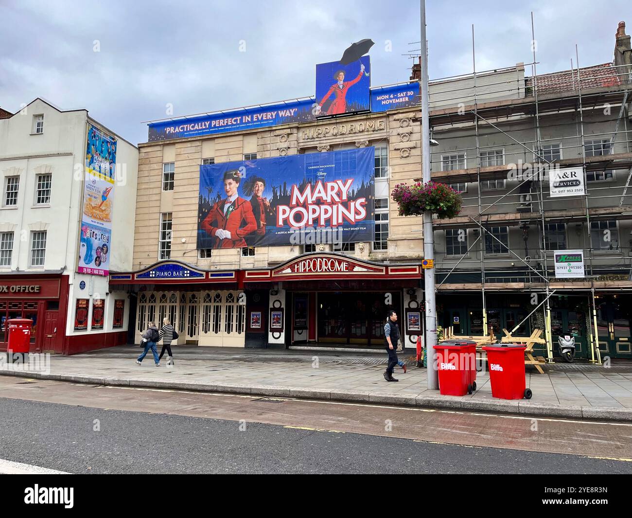 The Bristol Hippodrome, with hoardings for the latest show - Mary Poppins. St Augustine's Parade, Bristol, England, United Kingdom. 29th October 2024. - Smartphone Captured Stock Image