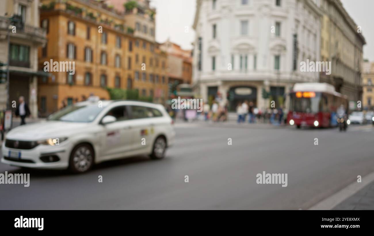 Blurry street scene in rome with a white car and red bus moving amidst ...
