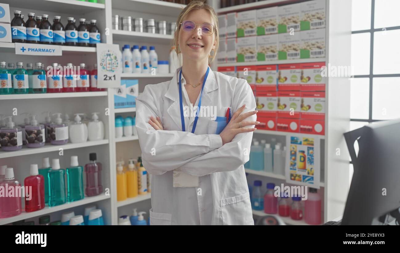Confident young woman pharmacist stands hi-res stock photography and ...