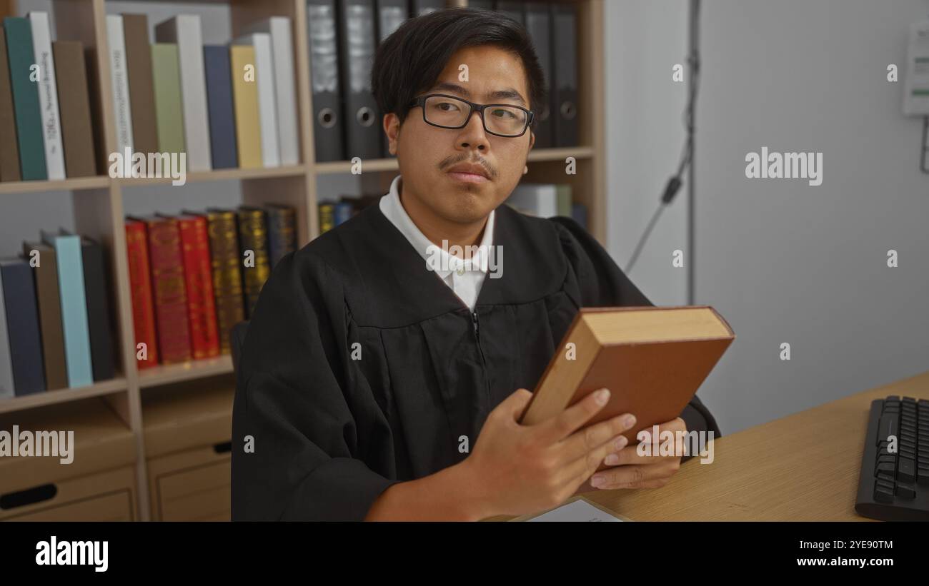 Young man in judge robe holding book in office with bookshelf ...