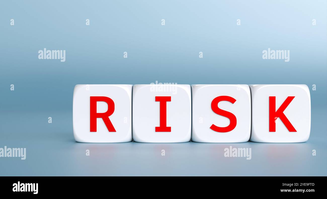 Four white cubes composing the word risk on blue background 3d Stock Photo