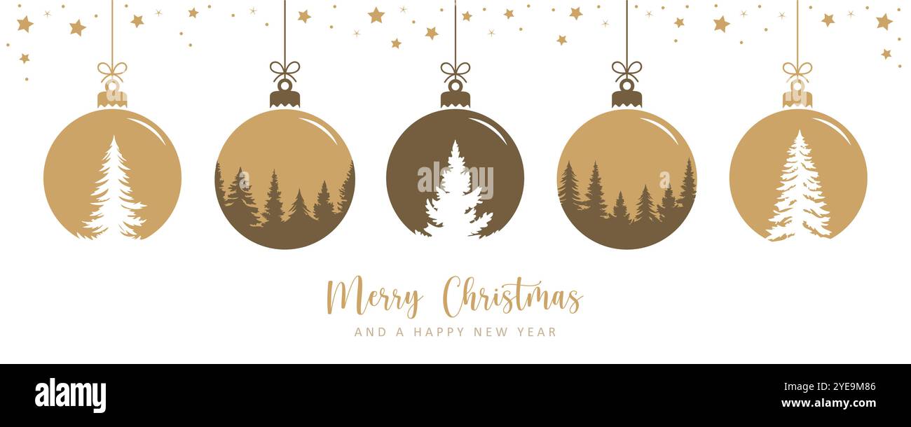 merry christmas card with hanging ball decoration with fir trees vector ...
