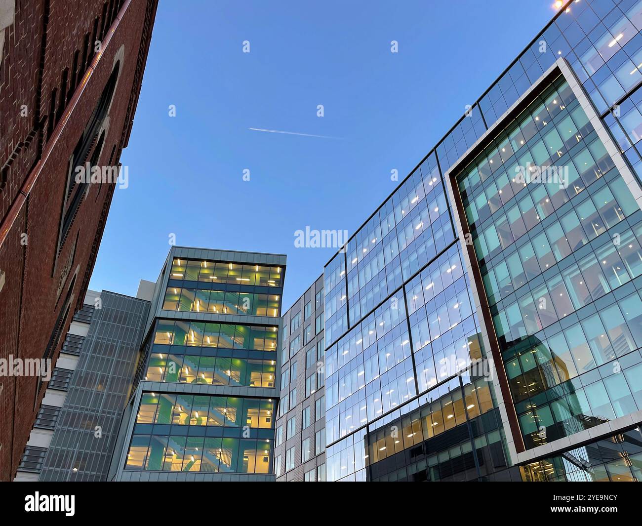 Low angle view of glass business buildings at dusk, Conshohocken, PA, USA - Smartphone Captured Stock Image