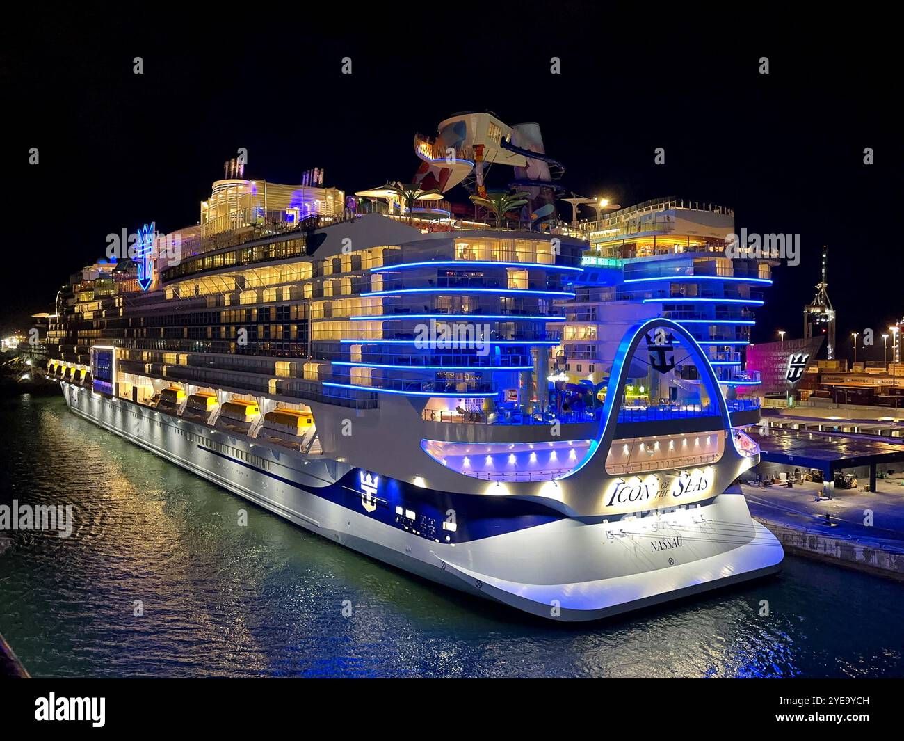 Miami, Florida, USA - 27 january 2024: Royal Caribbean International cruise ship Icon of the Seas, which is the largest in the world - Smartphone Captured Stock Image