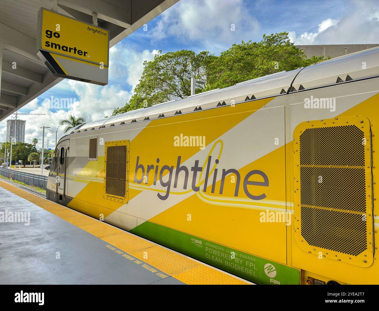 Fort Lauderdale, Florida, USA - 2 December 2023: Express train operated by Brightline between Miami and Orlando stopped at Fort Lauderdale - Smartphone Captured Stock Image