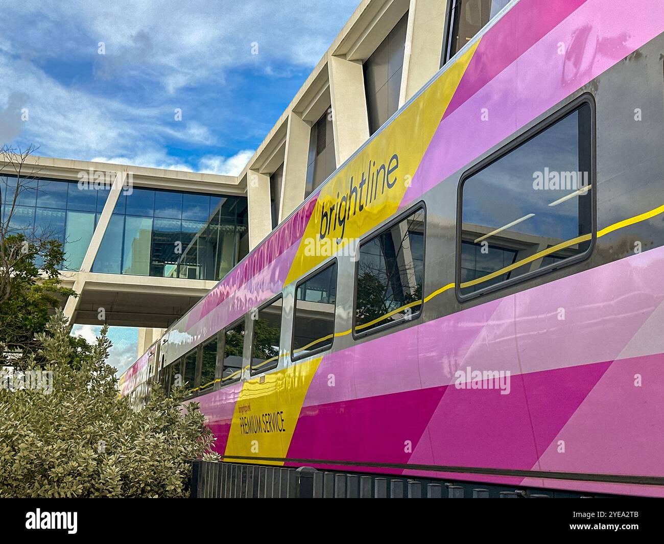 Fort Lauderdale, Florida, USA - 2 December 2023: High speed express train operated by Brightline between Miami and Orlando. - Smartphone Captured Stock Image