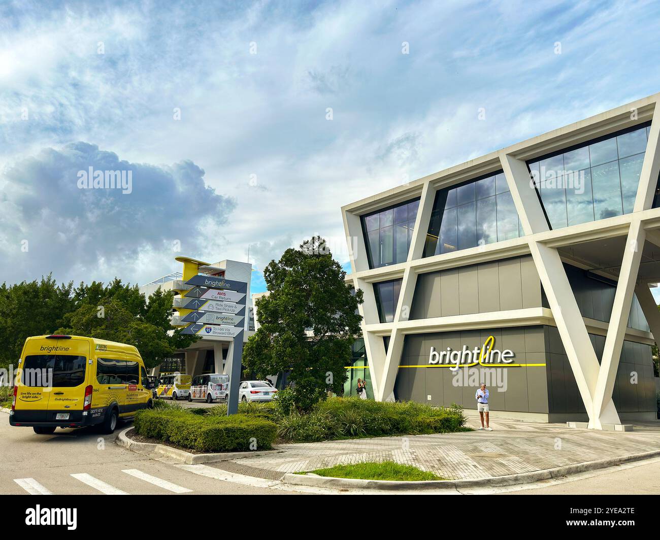 Fort Lauderdale, Florida, USA - 2 December 2023: Exterior view of the Brightline railway station near the city centre of Fort Lauderdale - Smartphone Captured Stock Image