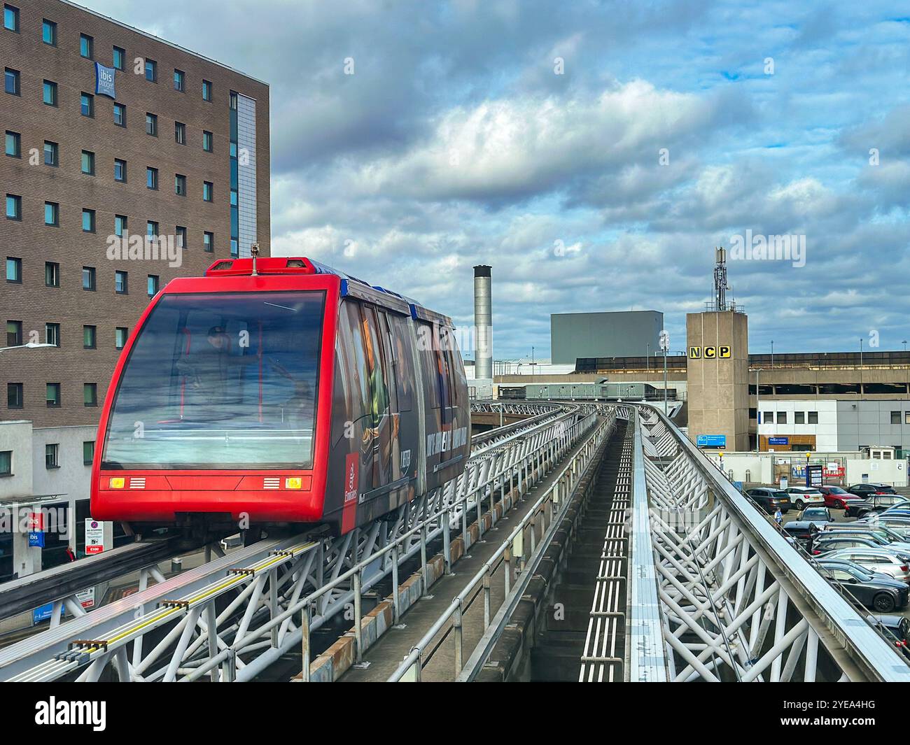 Birmingham, West Midlands, UK - 15 March 2024: Driverless shuttle train taking passengers to the railway station from Birmingham airport - Smartphone Captured Stock Image
