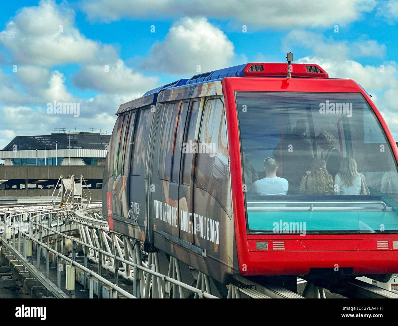 Birmingham, West Midlands, UK - 15 March 2024: Driverless shuttle train taking passengers to the railway station from Birmingham airport - Smartphone Captured Stock Image