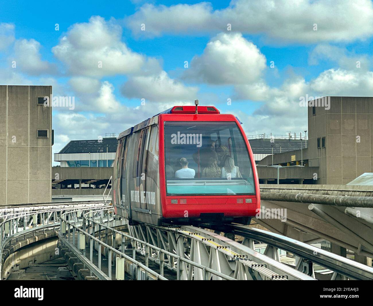 Birmingham, West Midlands, UK - 15 March 2024: Driverless shuttle train taking passengers to the railway station from Birmingham airport - Smartphone Captured Stock Image