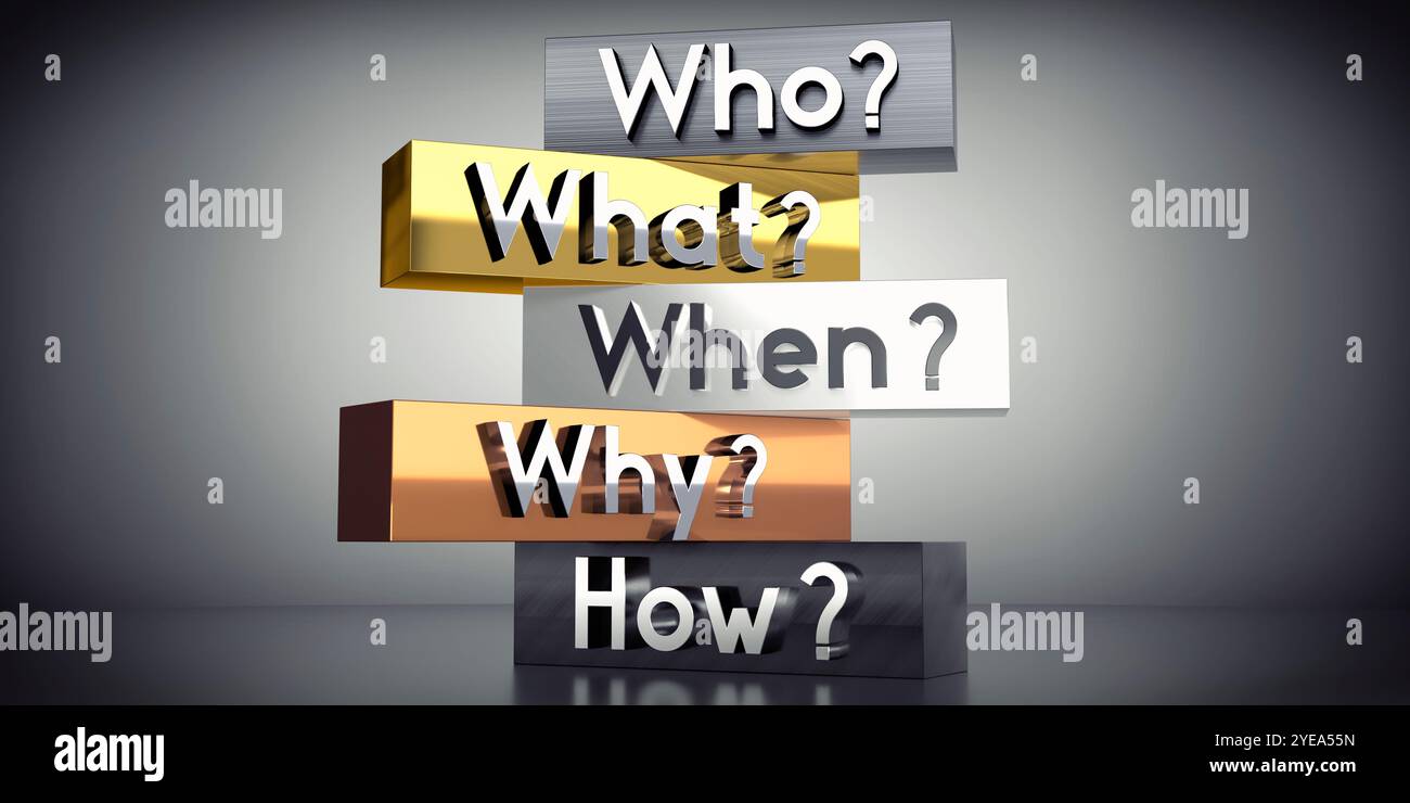Who, what, when, why, how - words on metal blocks - 3D illustration ...
