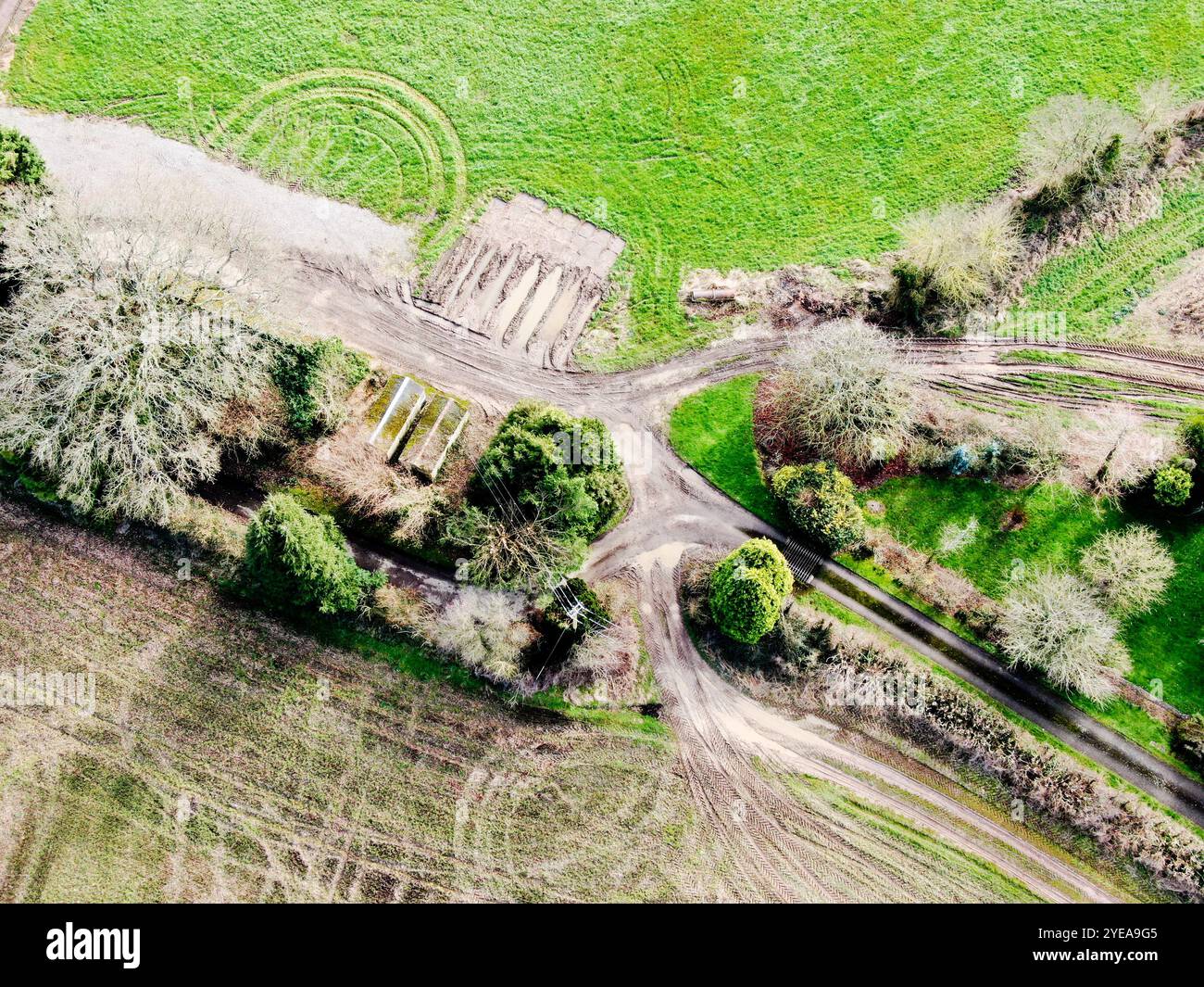 aerial view of arable lowland agricultural field with intersting ...