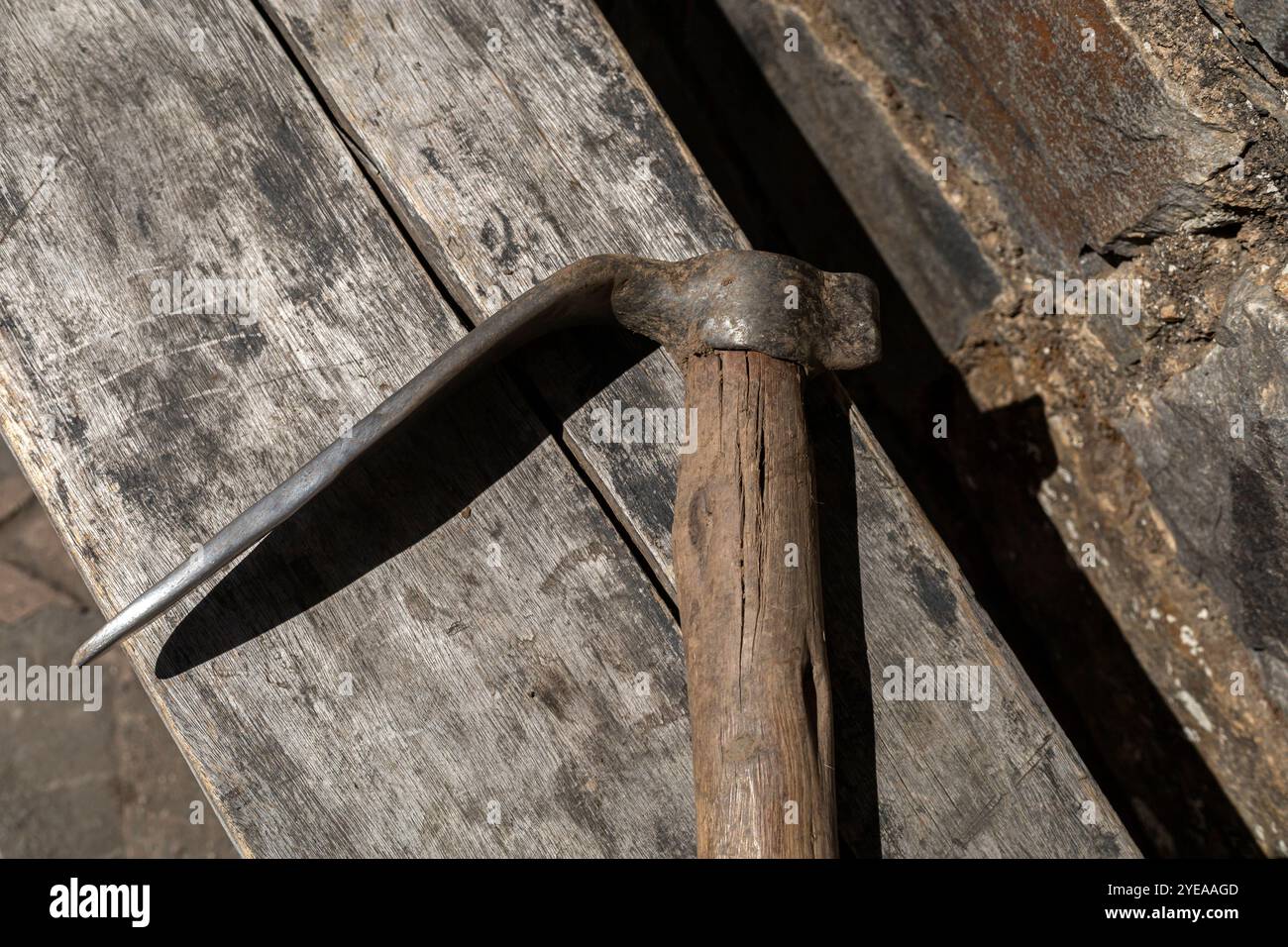 Field work hoe used in rural scene in Peru Stock Photo