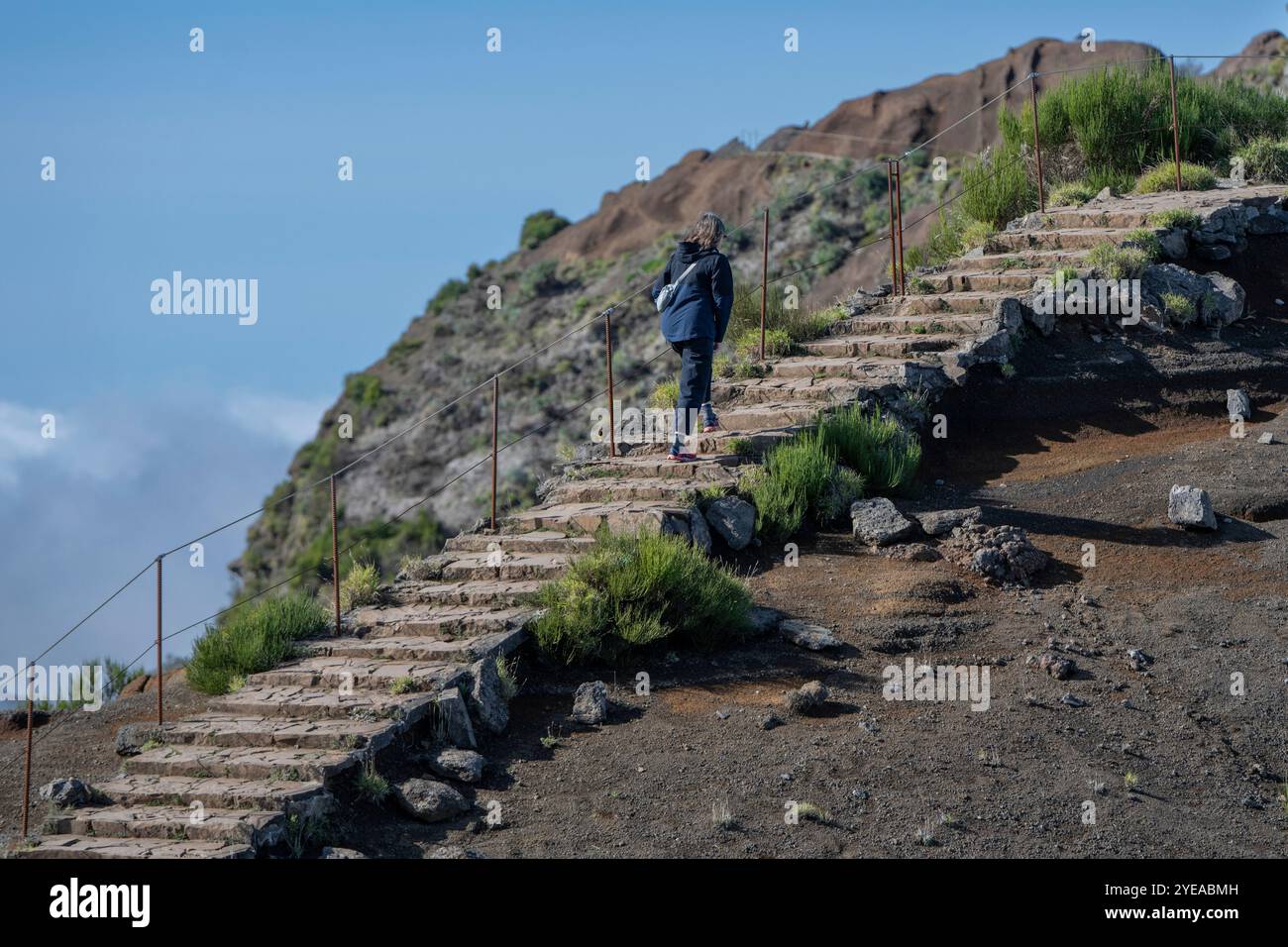 Female tourist ascends the steps of the high altitude hiking ...