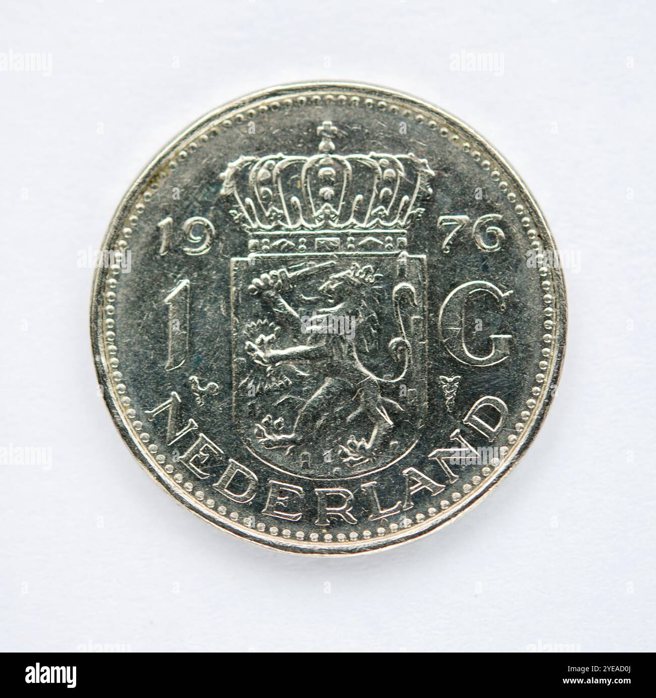 Still life of the reverse side of a Dutch one guilder coin dated 1976. The guilder was the currency of the Netherlands from 1434 until 2002. Stock Photo