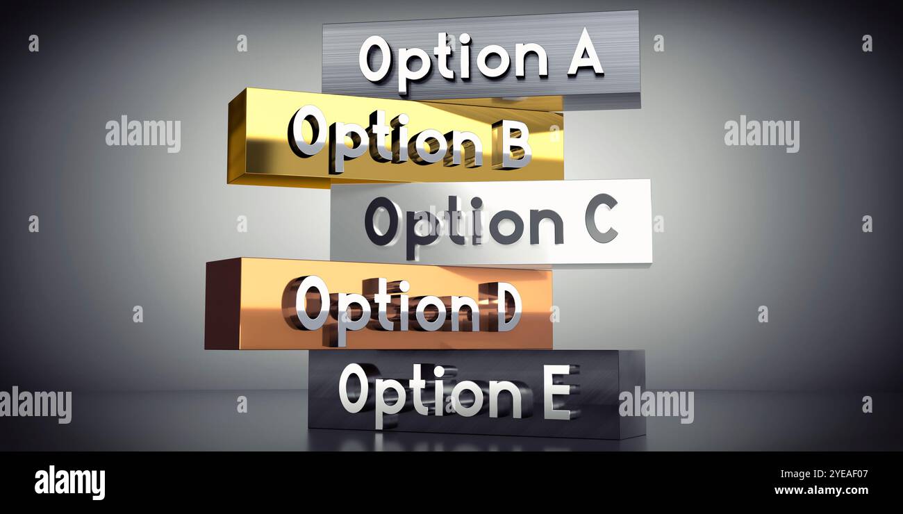 Option A, B, C, D, E - words on metal blocks - 3D illustration Stock ...