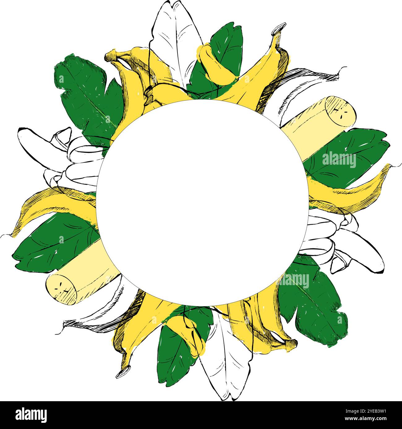 Banana graphic round circle frame, vector illustration banana with tropical leaves. Hand drawn ripe tropical fruit round border. Ideal for designing m Stock Vector