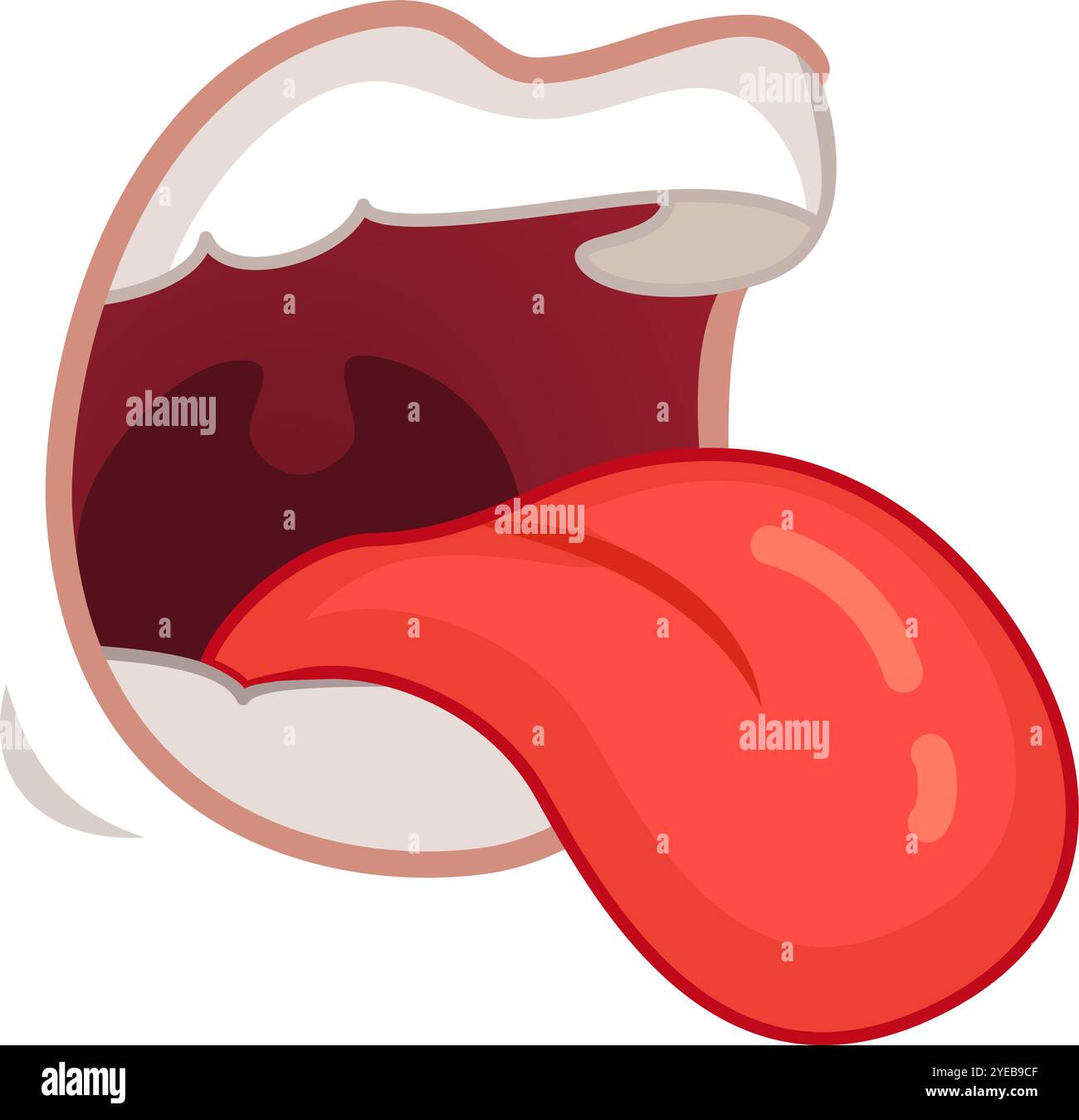 Cartoon mouth with tongue out on white background, focusing on teeth, tongue, and taste buds in red, pink, and white colors. Ideal for creative Stock Vector