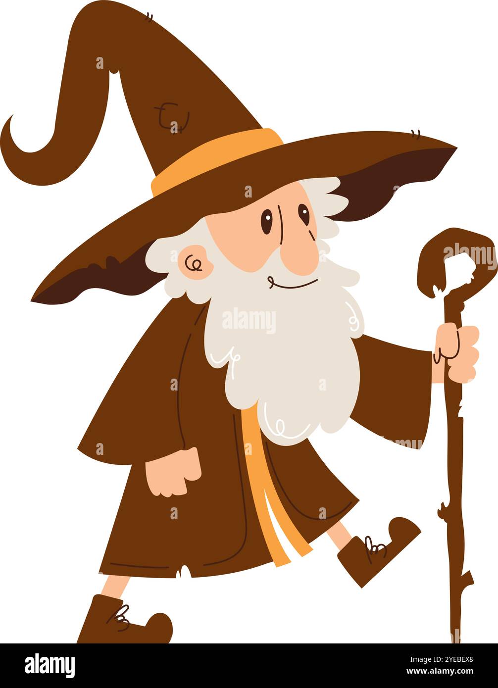 Playful cartoon illustration of an elderly wizard with a large hat and staff, taking a step forward with a cheerful expression. Stock Vector