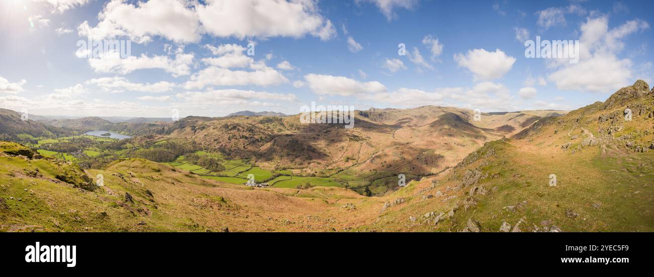 Panoramic view of Grasmere from Helm Crag, Lake District, Cumbria, UK Stock Photo