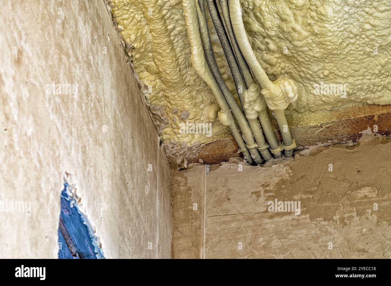 Construction of new house. View of concrete wall, ceiling with ...