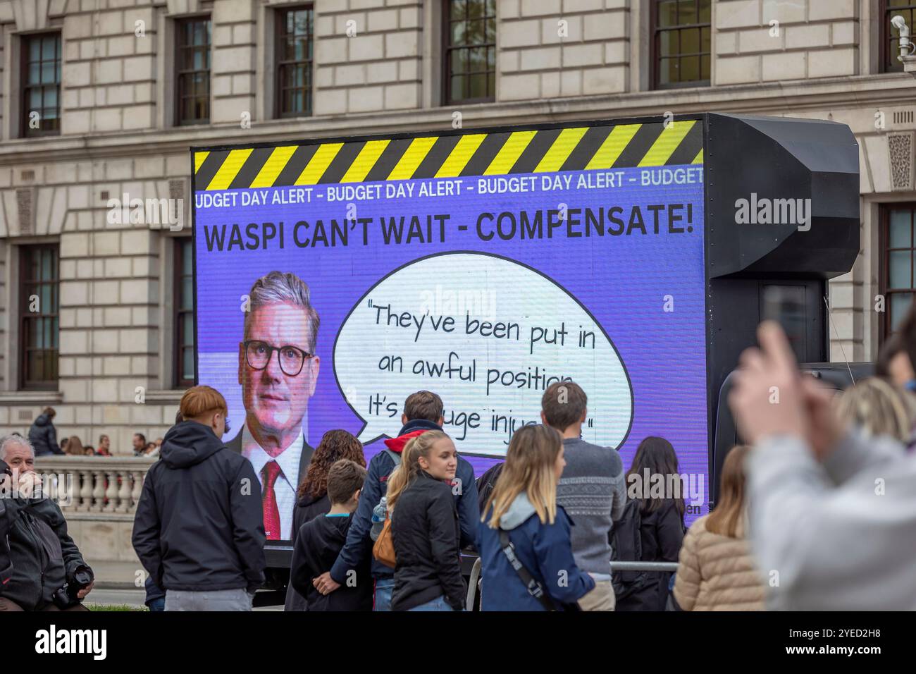 Parliament Square, Westminster, London, Uk. Wednesday 30th October 2024. Hundreds of people came to demonstrate in Parliament square as Chancellor Rachel Reeves delivered the budget speech in Parliament. WASPI (Women Against State Pension Inequality) calls on the UK Government to agree fair and fast compensation for all women affected by the lack of notice regarding the State Pension age increases (1995 and 2011 Pensions Acts) to reflect their financial losses,  the sustained damage to their mental health and well-being,  and the additional impacts. Stock Photo