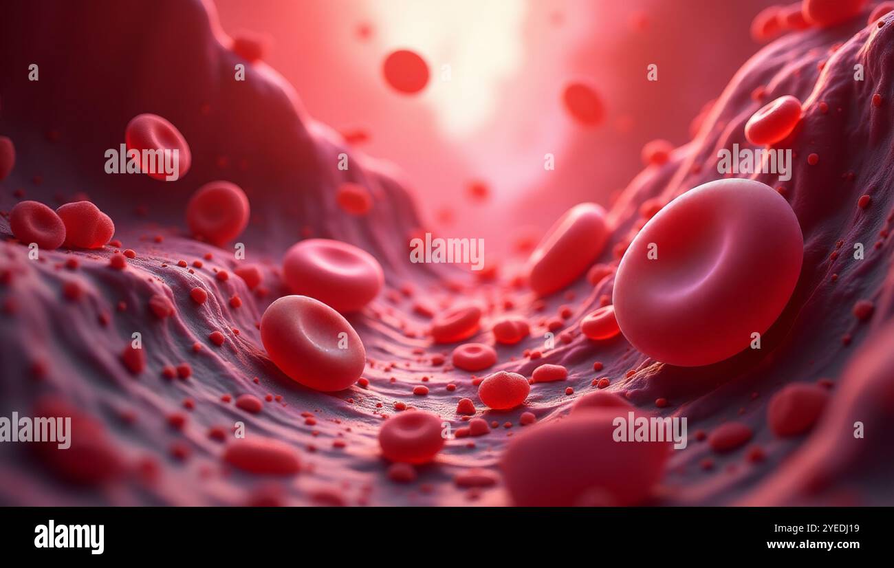 Red blood cells flowing in vein or artery, 3D medical human health ...