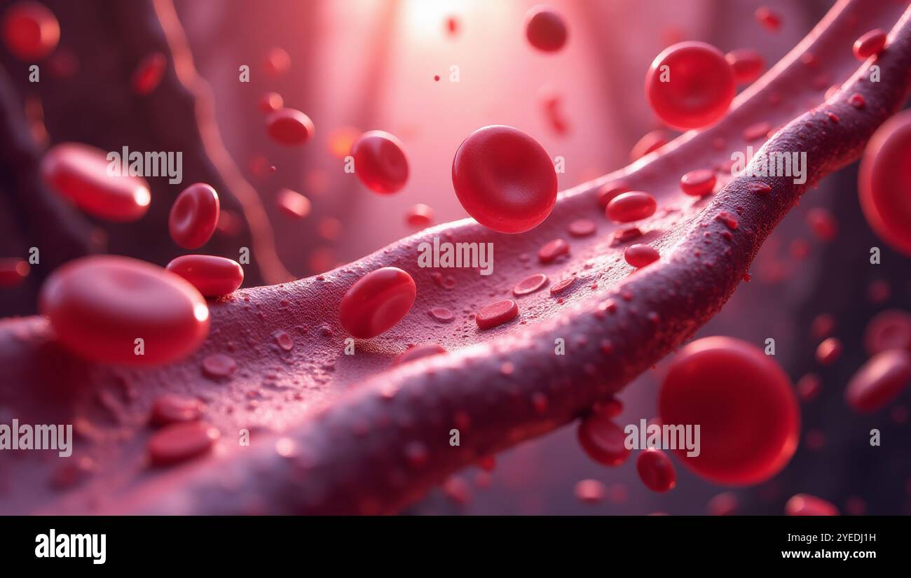 Red blood cells flowing in vein or artery, 3D medical human health ...