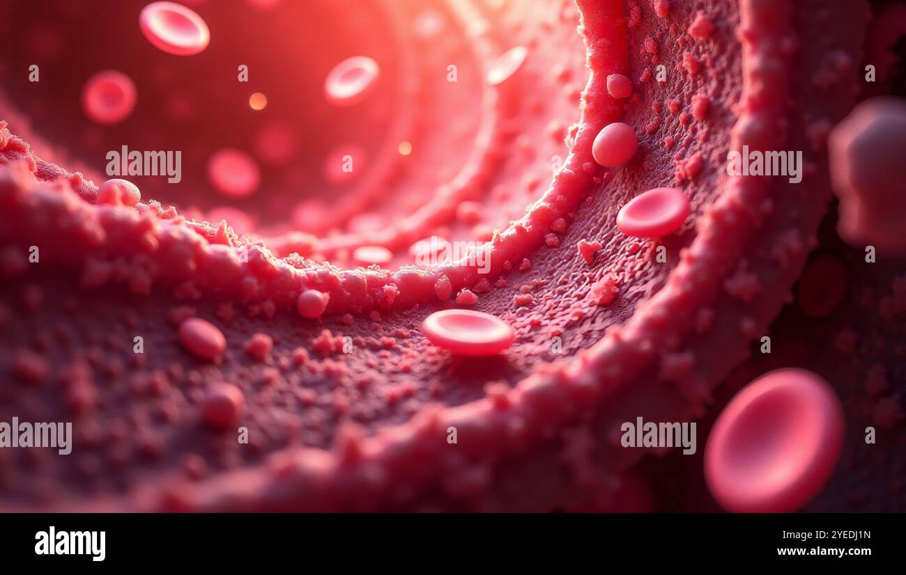 Red blood cells flowing in vein or artery, 3D medical human health ...