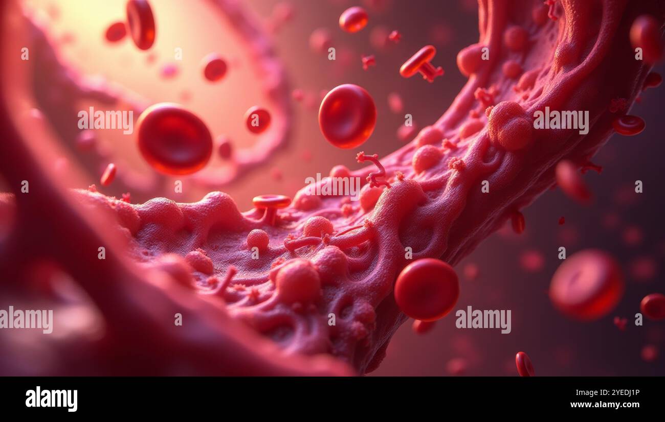 Red blood cells flowing in vein or artery, 3D medical human health ...