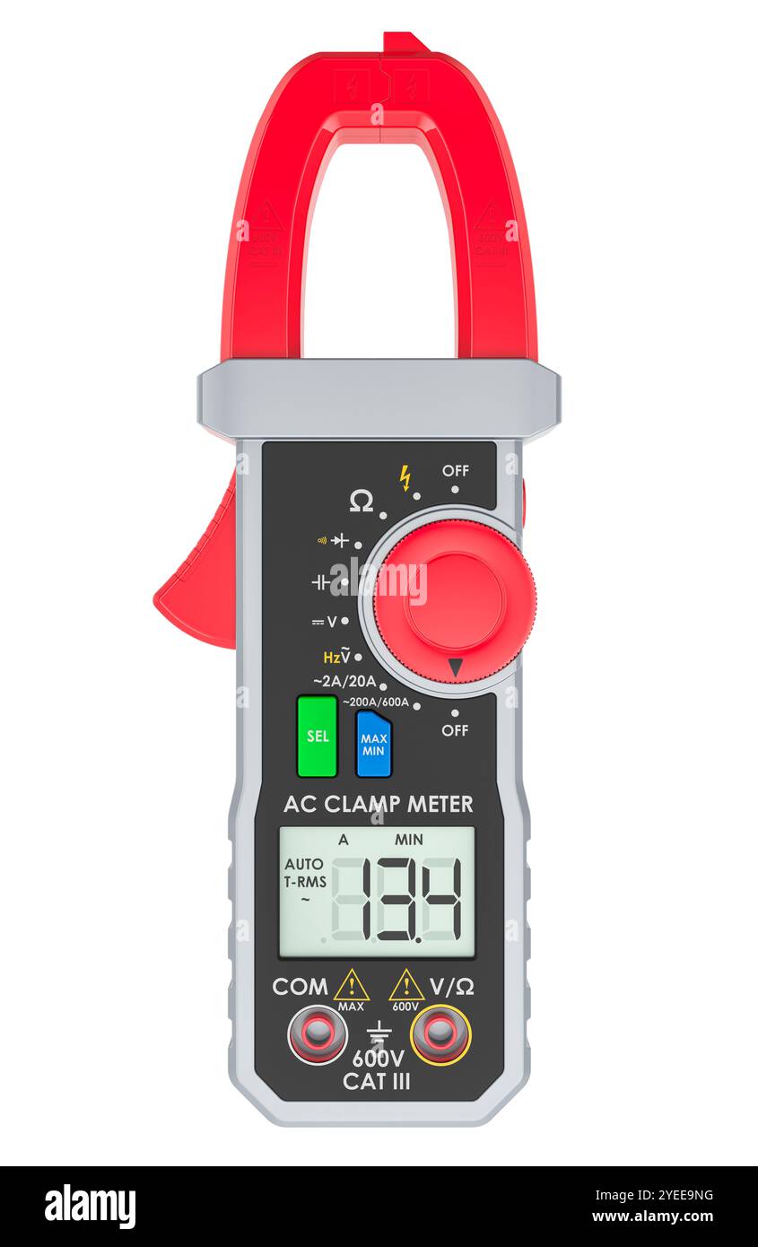 Digital Clamp Meter Multimeter, front view. 3D rendering isolated on white background Stock Photo