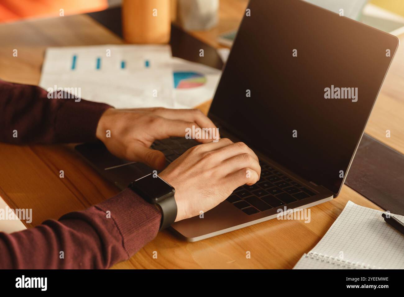 Male Hands Working On Laptop Typing At Workplace In Office Stock Photo