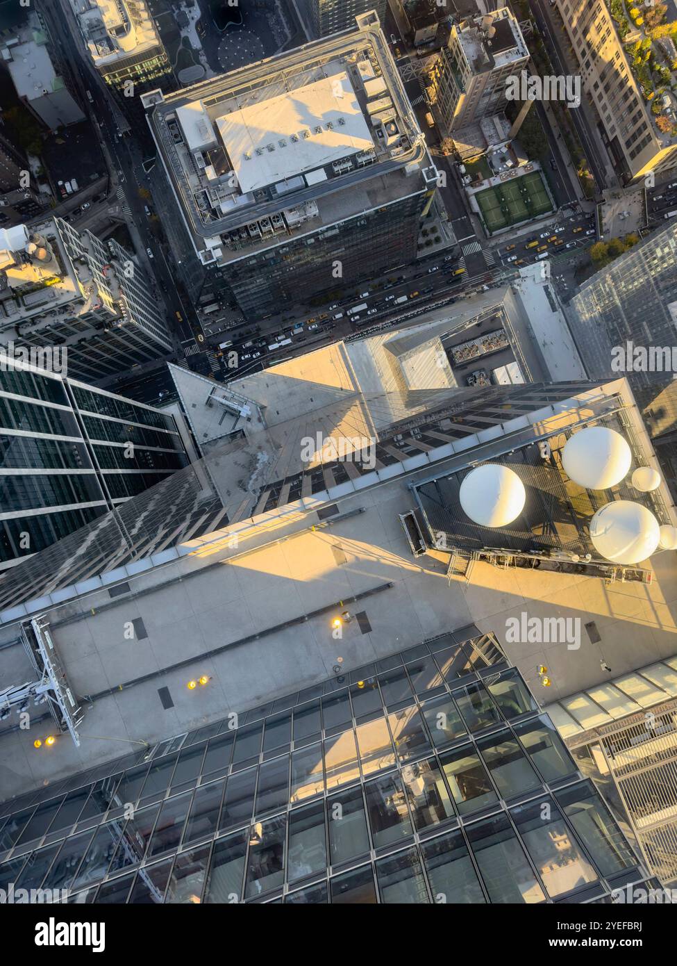 looking down Aerial urban view of skyscrapers new york manhattan Hudson yards with tall skyscrapers from the Edge viewing glass  platform - Smartphone Captured Stock Image