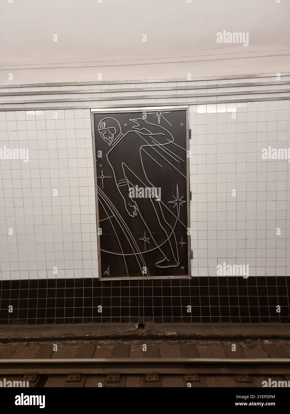 Soviet artwork of stylized cosmonaut / man in cosmos in subway station Taganskaya on the Tagansko-Krasnopresnenskaya line of the Moscow metro - Smartphone Captured Stock Image