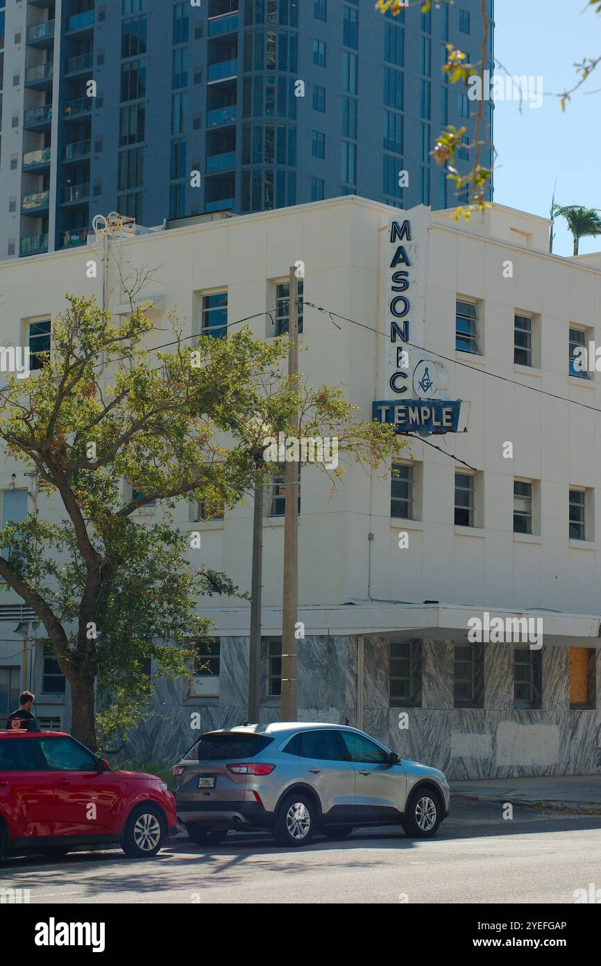 Old Masonic Temple Building in downtown St. Petersburg Florida.  Brick building and tree. Early morning sun. Editorial Use Only October 29, 2024, St. Stock Photo