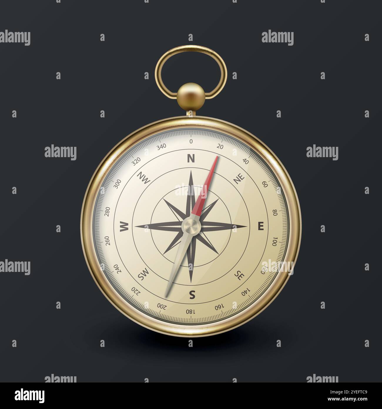 Realistic 3D Vector Compass with Gold Metallic Frame, Navigation Tool Illustration. Vintage Wind Rose Symbol on Dial, Compass Icon Close-up, Isolated Stock Vector