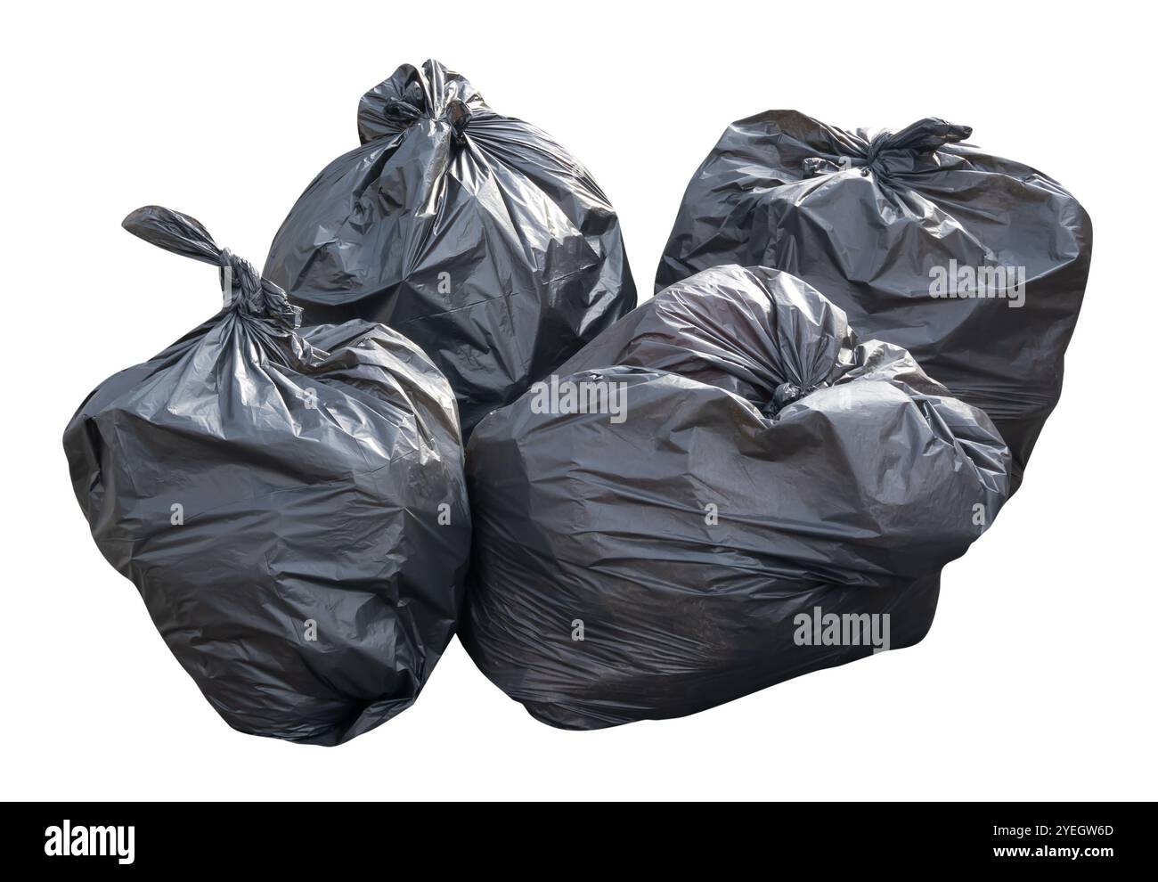 Front view of garbage in black plastic bag at garbage dump is isolated on white background with clipping path. Stock Photo