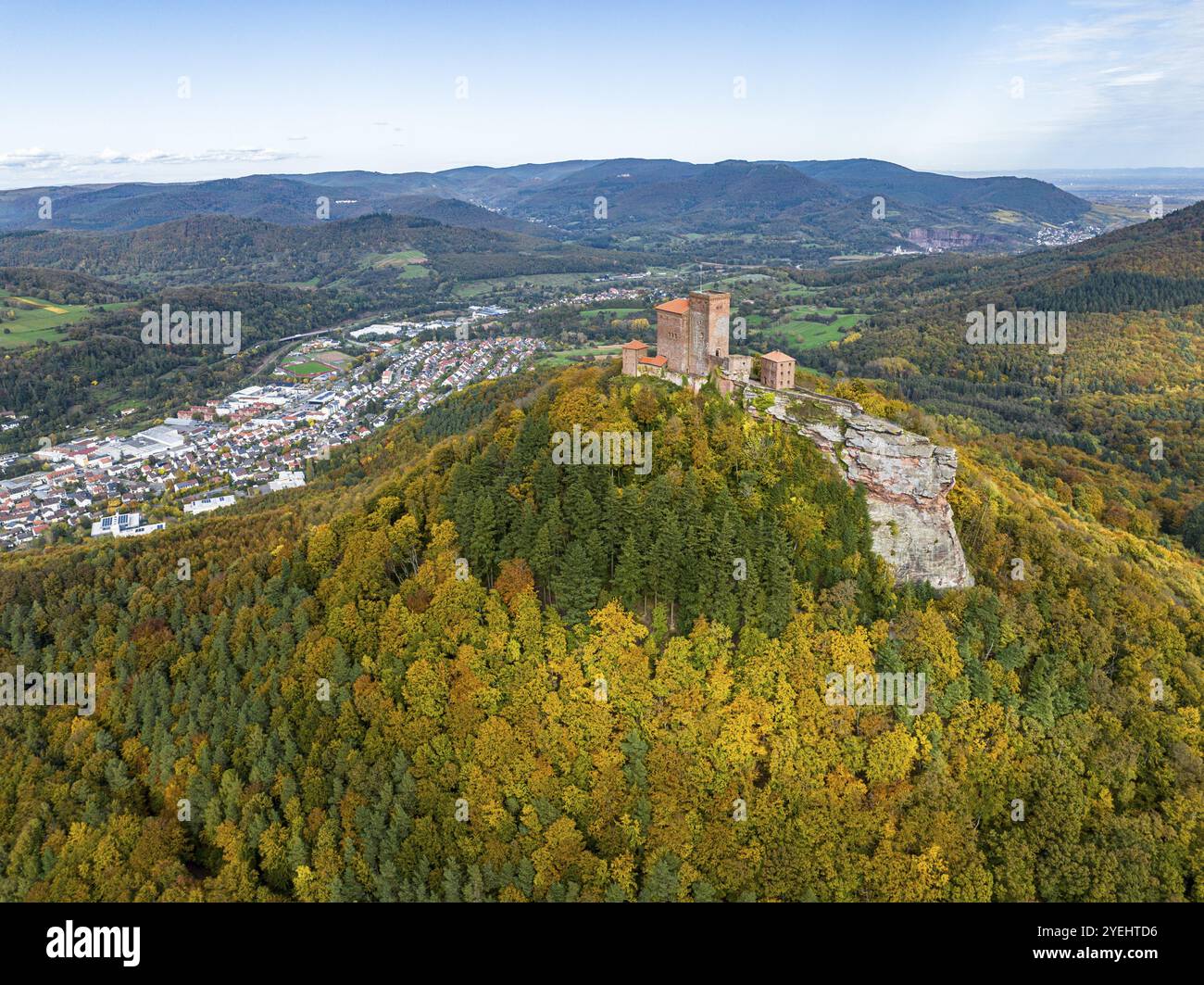 Aerial view, Reichsburg Trifels, Annweiler, Palatinate, Rhineland-Palatinate Forest in autumn, Germany, Europe Stock Photo