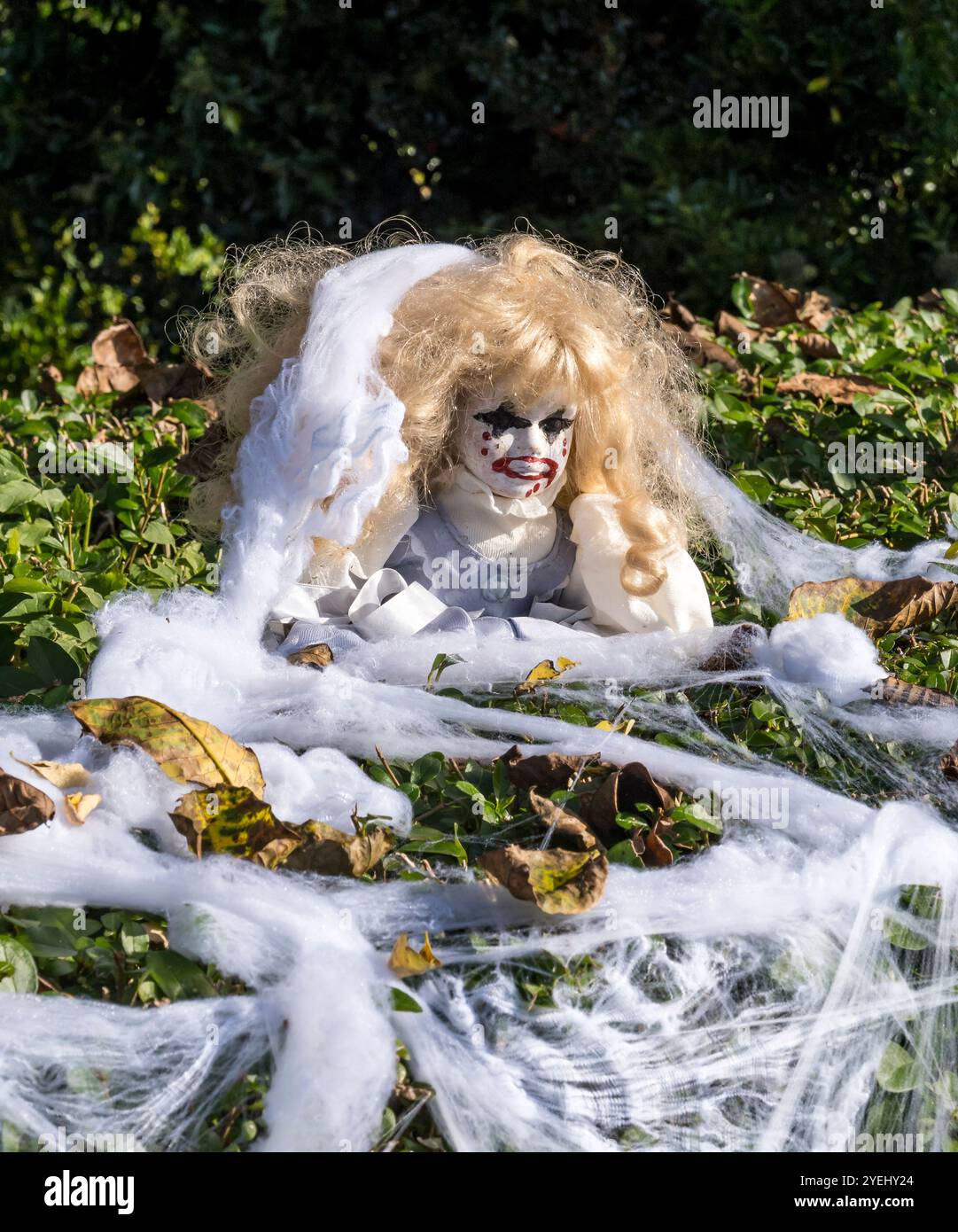 Scary Halloween doll in hedgerow Stock Photo