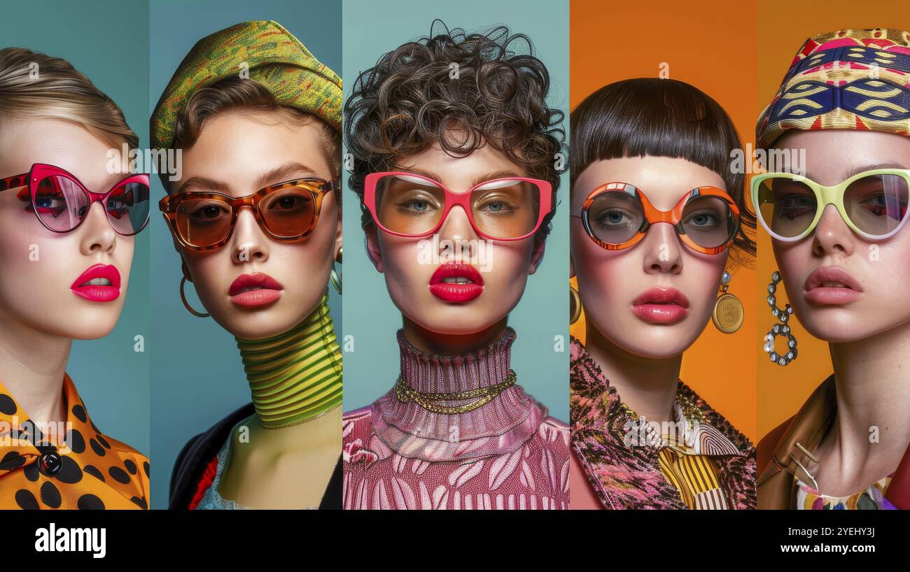 Five women in retro fashion with vibrant colors and bold patterns ...