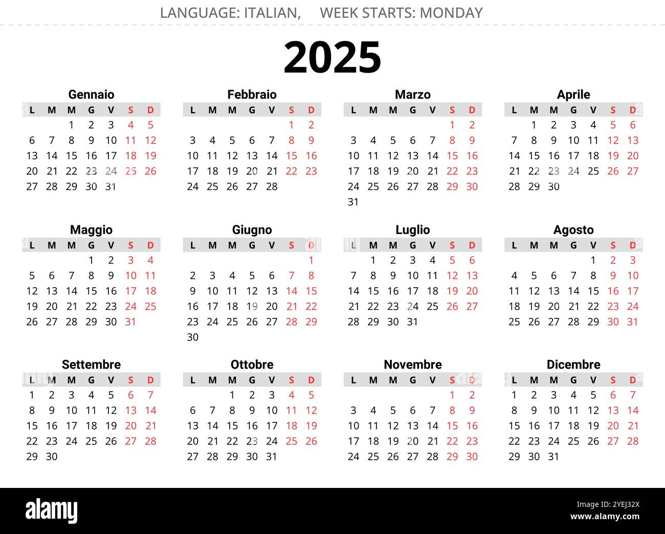 2025 year calendar. Italian language. 12 months. Printable and editable