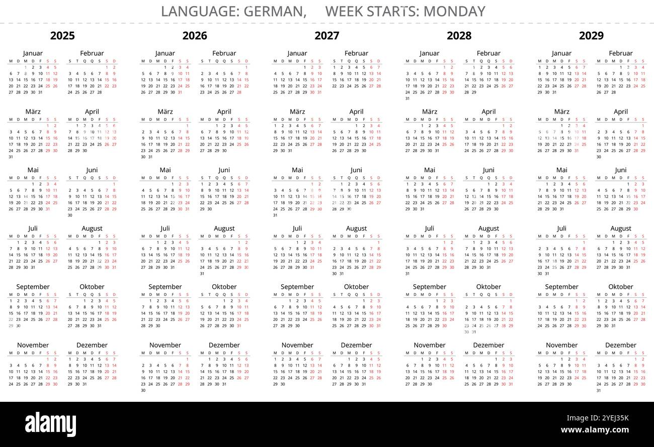 2025, 2026, 2027, 2028, 2029 year vertical german calendars. Printable