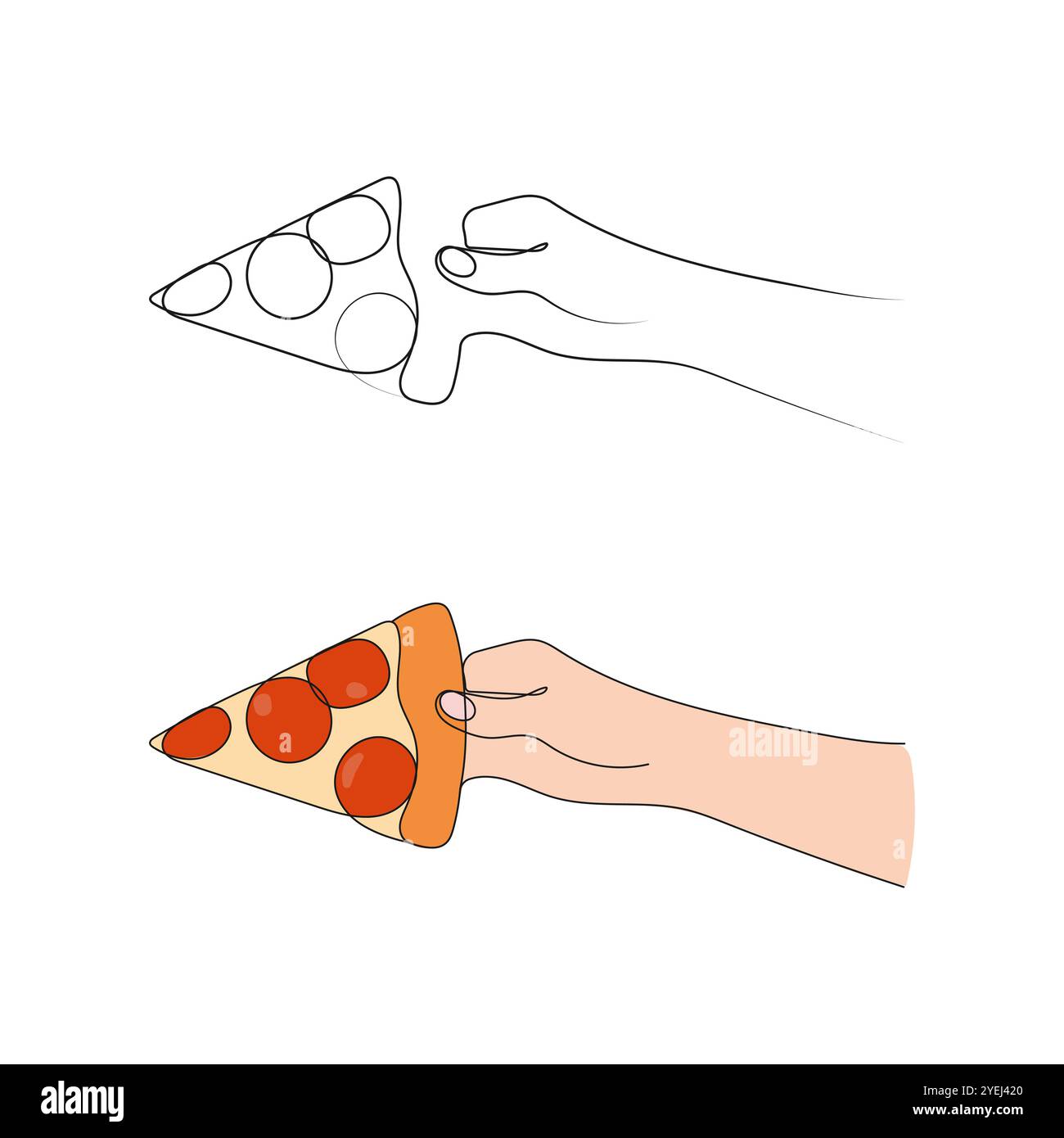 Hand holding a piece of pizza. Pizza slice, italian fast food. One line art. Hand drawn vector illustration. Stock Vector