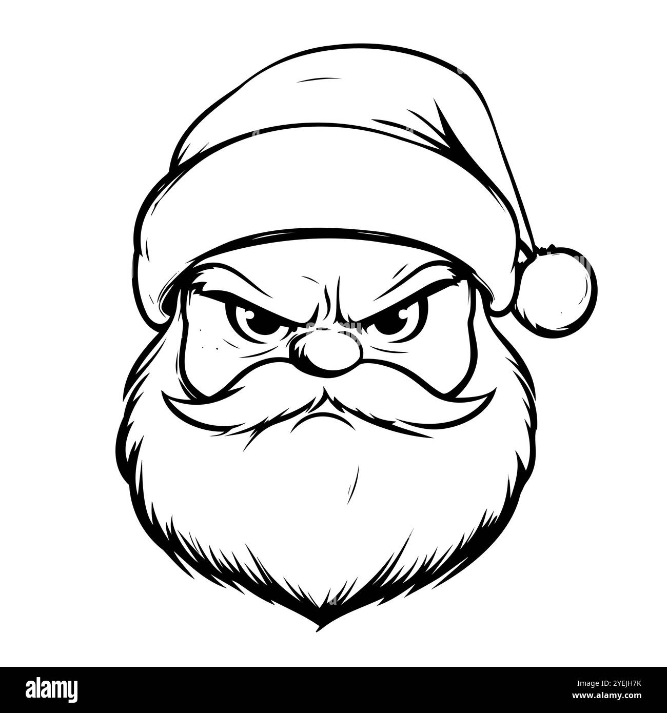 Angry Santa Claus face with furrowed eyebrows and bushy beard in black and white illustration Stock Vector