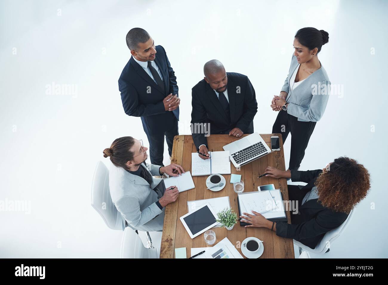 Above, feedback and business people in meeting, planning and schedule ...