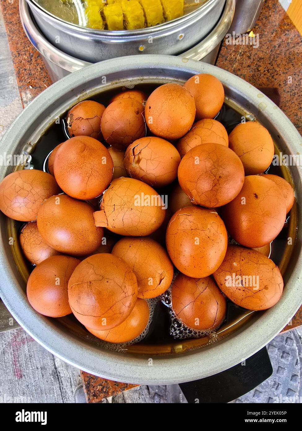 Chinese tea eggs sold at a little shop in Mong Kok, Kowloon, Hong Kong. - Smartphone Captured Stock Image