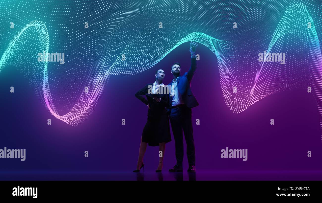 Team of professionals, engaging with stream of interactive data in digital environment, symbolizing data analysis and artificial intelligence Stock Photo