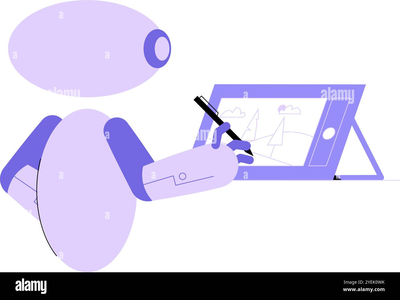 Robot Drawing On Digital Tablet In Flat Vector Illustration Symbolizing AI Creativity, Digital Art, And Innovation, Isolated On White Background Stock Vector