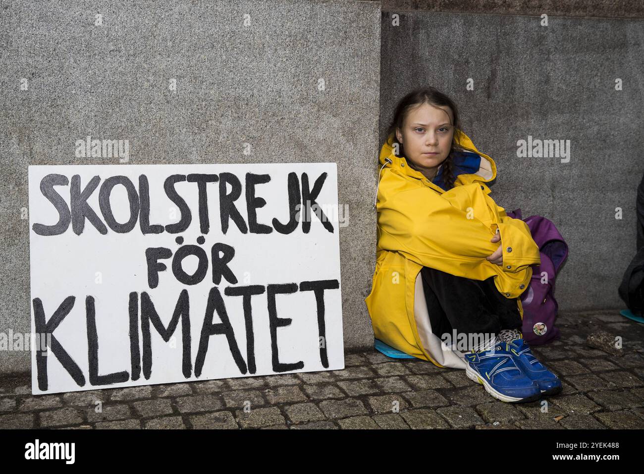 Swedish student Greta Thunberg leads a school strike and sits outside of Riksdagen, the Swedish parliament building on August 28, 2018 in Stockholm, S Stock Photo